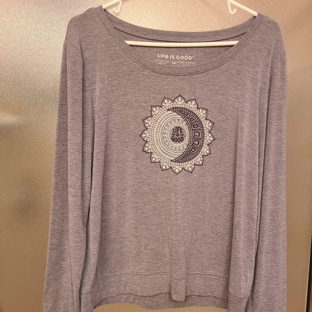 Life is Good Long Sleeved, Embroidered, Lightweight Women's T-shirt (Gray, Med.)